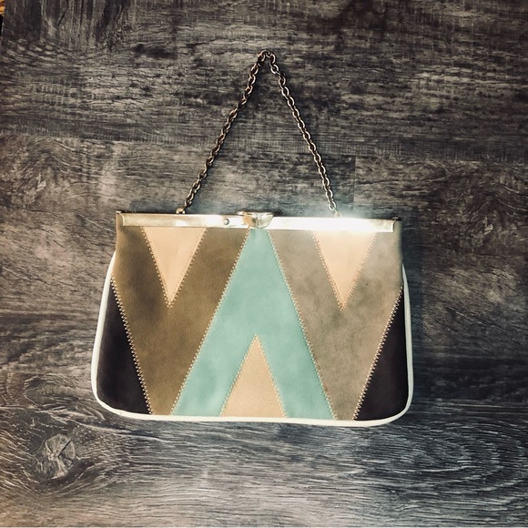 Vintage Ideal Patchwork Color-block Purse Handbag Metal Chain Strap - Picture 6 of 7